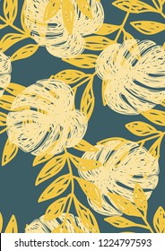 Tropical seamless ethnic pattern with exotic leaves. Hawaiian floral design.Background of tropical leaves.