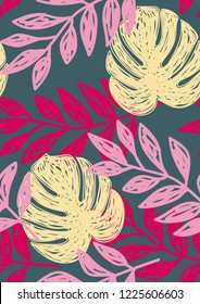 Tropical seamless ethnic pattern with exotic leaves. Hawaiian floral design.Background of tropical leaves.