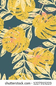 Tropical seamless ethnic pattern with exotic leaves. Hawaiian floral design.Background of tropical leaves.