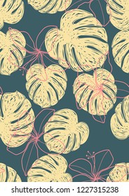 Tropical seamless ethnic pattern with exotic leaves. Hawaiian floral design.Background of tropical leaves.