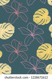 Tropical seamless ethnic pattern with exotic leaves. Hawaiian floral design.Background of tropical leaves.