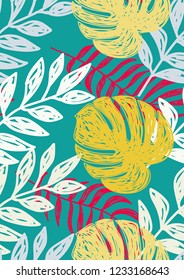 Tropical seamless ethnic pattern with exotic leaves. Hawaiian floral design. Summer background for cards, invitations, apartments, wallpapers. Vector. illustration.