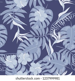 Tropical seamless ethnic pattern with exotic leaves and flowers. Hawaiian floral design. Summer background for cards, invitations, apartments, wallpapers. Vector. illustration. Hibiscus.