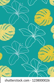 Tropical seamless ethnic pattern with exotic leaves and flowers. Hawaiian floral design. Summer background for cards, invitations, apartments, wallpapers. Vector. illustration. Hibiscus.