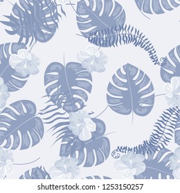 Tropical seamless ethnic pattern with exotic leaves and flowers. Hawaiian floral design. Summer background for cards, invitations, apartments, wallpapers. Vector. illustration. Hibiscus.