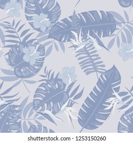 Tropical seamless ethnic pattern with exotic leaves and flowers. Hawaiian floral design. Summer background for cards, invitations, apartments, wallpapers. Vector. illustration. Hibiscus.