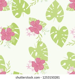 Tropical seamless ethnic pattern with exotic leaves and flowers. Hawaiian floral design. Summer background for cards, invitations, apartments, wallpapers. Vector. illustration. Hibiscus.