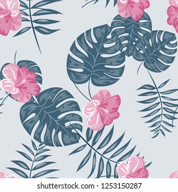 Tropical seamless ethnic pattern with exotic leaves and flowers. Hawaiian floral design. Summer background for cards, invitations, apartments, wallpapers. Vector. illustration. Hibiscus.