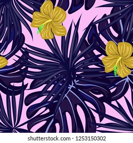 Tropical seamless ethnic pattern with exotic leaves and flowers. Hawaiian floral design. Summer background for cards, invitations, apartments, wallpapers. Vector. illustration. Hibiscus.