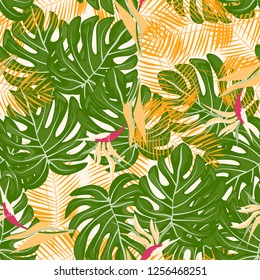 Tropical seamless ethnic pattern with exotic leaves and flowers. Hawaiian floral design. Summer background for cards, invitations, apartments, wallpapers. Vector. illustration. Hibiscus.