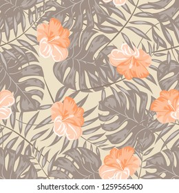Tropical seamless ethnic pattern with exotic leaves and flowers. Hawaiian floral design. Summer background for cards, invitations, apartments, wallpapers. Vector. illustration. Hibiscus.
