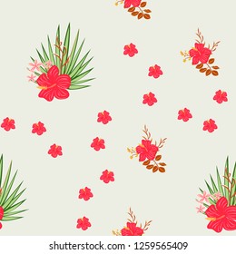 Tropical seamless ethnic pattern with exotic leaves and flowers. Hawaiian floral design. Summer background for cards, invitations, apartments, wallpapers. Vector. illustration. Hibiscus.