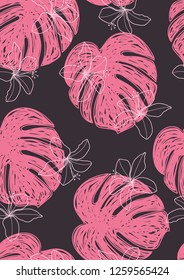 Tropical seamless ethnic pattern with exotic leaves and flowers. Hawaiian floral design. Summer background for cards, invitations, apartments, wallpapers. Vector. illustration. Hibiscus.