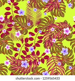 Tropical seamless ethnic pattern with exotic leaves and flowers. Hawaiian floral design. Summer background for cards, invitations, apartments, wallpapers. Vector. illustration. Hibiscus.