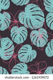 Tropical seamless ethnic pattern with exotic leaves and flowers. Hawaiian floral design. Summer background for cards, invitations, apartments, wallpapers. Vector. illustration. Hibiscus.