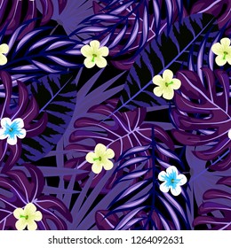 Tropical seamless ethnic pattern with exotic leaves and flowers. Hawaiian floral design. Summer background for cards, invitations, apartments, wallpapers. Vector. illustration. Hibiscus.
