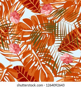Tropical seamless ethnic pattern with exotic leaves and flowers. Hawaiian floral design. Summer background for cards, invitations, apartments, wallpapers. Vector. illustration. Hibiscus.