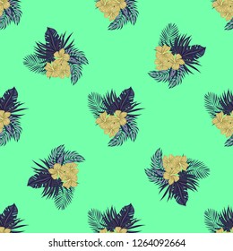 Tropical seamless ethnic pattern with exotic leaves and flowers. Hawaiian floral design. Summer background for cards, invitations, apartments, wallpapers. Vector. illustration. Hibiscus.