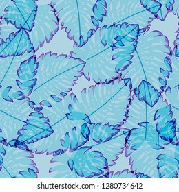 Tropical seamless ethnic pattern with exotic leaves. Hawaiian floral design.Background of tropical leaves.
