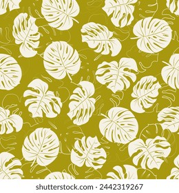 Tropical seamless ethnic pattern with exotic leaves. Hawaiian floral design. Summer background for cards, invitations, apartments, wallpapers. Vector illustration.