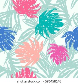 Tropical seamless exotic floral pattern. Hand Drawn Vector illustration with monstera leaves