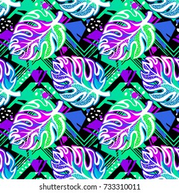 Tropical seamless exotic  leaves vector pattern.Trendy multicolor hand-drawn print, apparel fashion textile style.