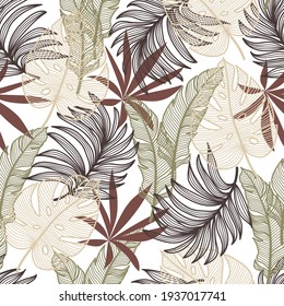 Tropical seamless fashion pattern with bright and colorful plants and leaves on a pastel background. Beautiful seamless vector floral pattern. Exotic jungle wallpaper.