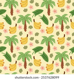 Tropical seamless flat pattern with different elements of jungle and safari. Palms, bananas, tropical leaves, modern design for print or textile summer
