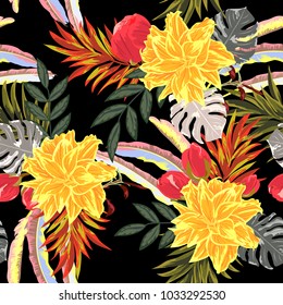 Tropical seamless floral pattern with exotic flowers and leaves. Hand-drawn floral background for printing on fabric, clothing, home textiles, wallpaper, gift wrapping.