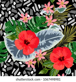 Tropical seamless floral pattern with exotic leaves and hibiscus flowers. Background with flowers and mosaic for printing on fabric, clothing, home textiles, wallpaper, gift wrapping.