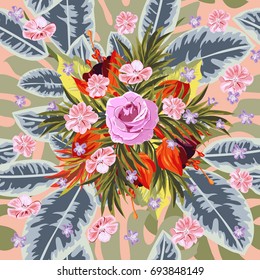 Tropical seamless floral pattern with exotic flowers and leaves. Hand-drawn floral background for printing on fabric, clothing, home textiles, wallpaper, gift wrapping.