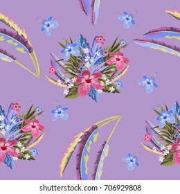 Tropical seamless floral pattern with exotic leaves and hibiscus flowers. Hand-drawn floral background for printing on fabric, clothing, home textiles, wallpaper, gift wrapping.