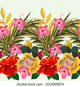 Tropical seamless floral pattern with leaves of  palm tree and hibiscus flowers. Hand-drawn floral background for printing on fabric, clothing, home textiles, wallpaper, gift wrapping.