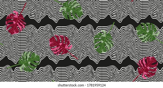 Tropical seamless floral pattern with leaves monstera on black and white wavy background. Horizontal floral background for printing on fabric, clothing, home textiles, wallpaper, gift wrapping.