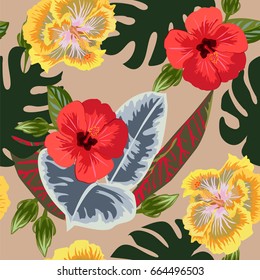 Tropical seamless floral pattern with leaves of monstera, ficus and hibiscus flowers. Hand-drawn floral background for printing on fabric, clothing, home textiles, wallpaper, gift wrapping.