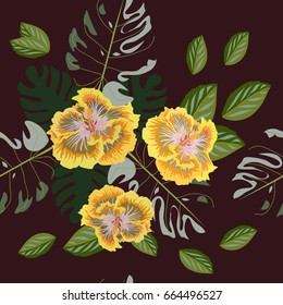 Tropical seamless floral pattern with leaves of monstera and hibiscus flowers. Hand-drawn floral background for printing on fabric, clothing, home textiles, wallpaper, gift wrapping.