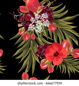 Tropical seamless floral pattern with leaves of  palm tree and hibiscus flowers. Hand-drawn floral background for printing on fabric, clothing, home textiles, wallpaper, gift wrapping.