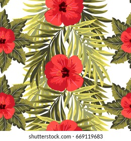 Tropical seamless floral pattern with leaves of  palm tree and hibiscus flowers. Hand-drawn floral background for printing on fabric, clothing, home textiles, wallpaper, gift wrapping.