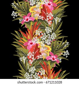 Tropical seamless floral pattern with leaves of palm tree and hibiscus flowers. Hand-drawn floral background for printing on fabric, clothing, home textiles, wallpaper, gift wrapping.Vertical border.