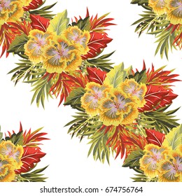Tropical seamless floral pattern with leaves of palm tree and hibiscus flowers. Hand-drawn floral background for printing on fabric, clothing, home textiles, wallpaper, gift wrapping.