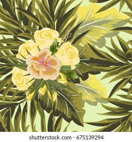 Tropical seamless floral pattern with leaves of palm tree and roses. Floral background for printing on fabric, clothing, home textiles, wallpaper, gift wrapping.