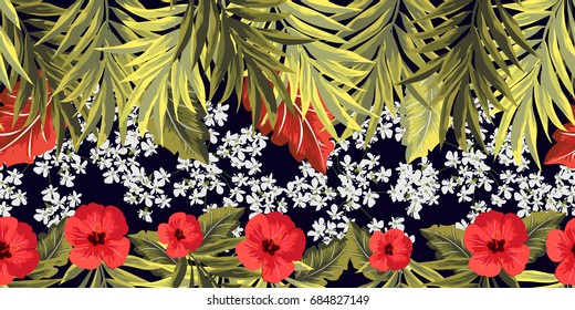 Tropical seamless floral pattern with leaves of palm tree and hibiscus flowers. Horizontal floral background for printing on fabric, clothing, home textiles, wallpaper, gift wrapping.