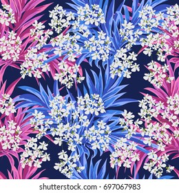 Tropical seamless floral pattern with leaves of palm tree and cute white flowers. Floral background for printing on fabric, clothing, home textiles, wallpaper, gift wrapping.