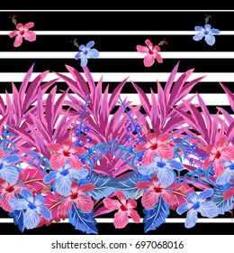 Tropical seamless floral pattern with leaves of palm tray and hibiscus flowers. Floral background for printing on fabric, clothing, home textiles, wallpaper, gift wrapping.