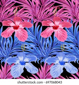 Tropical seamless floral pattern with leaves of palm tray and hibiscus flowers. Floral background for printing on fabric, clothing, home textiles, wallpaper, gift wrapping.