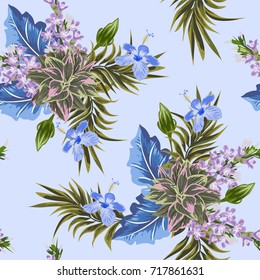 Tropical seamless floral pattern with leaves of palm tree and hibiscus. Floral background for printing on fabric, clothing, home textiles, wallpaper, gift wrapping.
