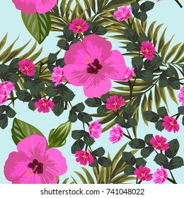 Tropical seamless floral pattern with leaves of  palm tree and hibiscus flowers. Hand-drawn floral background for printing on fabric, clothing, home textiles, wallpaper, gift wrapping.