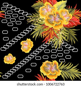 Tropical seamless floral pattern on  geometric background.Flower background for textile, cover, wallpaper, gift packaging, printing. Romantic design for calico, silk.