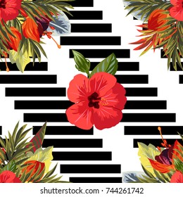 Tropical seamless floral pattern on  striped background. Hand-drawn floral background for printing on fabric, clothing, home textiles, wallpaper, gift wrapping.