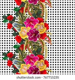 Tropical seamless floral pattern on dots background. Floral vertical border for printing on fabric, clothing, home textiles, wallpaper, gift wrapping.